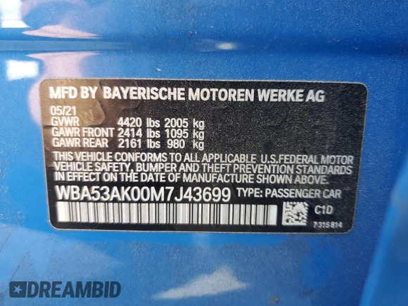 2021 BMW 2 Series 228i with VIN WBA53AK00M7J43699, listed as a Copart auction lot 55928355 with 86,544 mi miles and Salvage title. Bid and sale history available at DreamBid. Image 12.