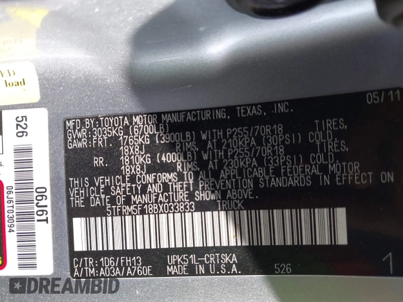 2011 Toyota Tundra with VIN 5TFRM5F18BX033833, listed as a IAAI auction lot 42257200 with 108,046 mi miles and . Bid and sale history available at DreamBid. Image 9.