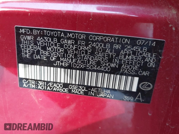 2015 Lexus IS 250 with VIN JTHBF1D2XF5044400, listed as a IAAI auction lot 41605032 with 103,068 mi miles and . Bid and sale history available at DreamBid. Image 9.
