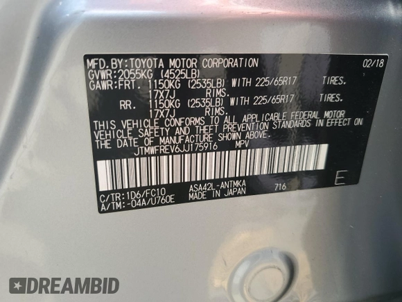 2018 Toyota RAV4 XLE with VIN JTMWFREV6JJ175916, listed as a Copart auction lot 57239285 with 118,001 mi miles and Non repairable. Bid and sale history available at DreamBid. Image 13.