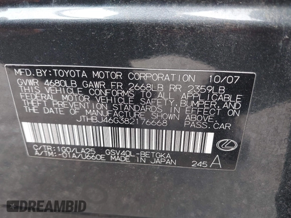 2008 Lexus ES 330 с VIN JTHBJ46G382176668, выставлен на аукционе IAAI как лот 42431450 с пробегом 227 035 миль миль и . История ставок и продаж доступна на DreamBid. Изображение 9.