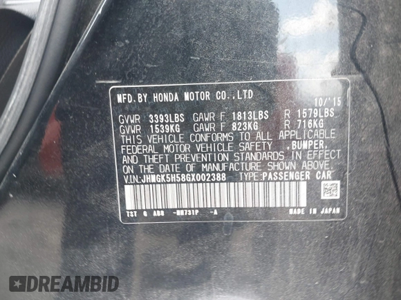 2016 Honda Fit LX with VIN JHMGK5H58GX002388, listed as a IAAI auction lot 41957350 with 127,211 mi miles. Bid and sale history available at carsss.com. Image 9.