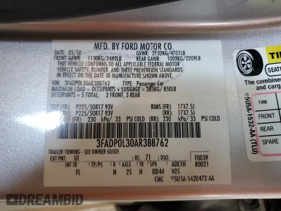 2010 Ford Fusion Hybrid with VIN 3FADP0L30AR388762, listed as a Copart auction lot 60349935 with 179,569 mi miles and Salvage title. Bid and sale history available at DreamBid. Image 12.