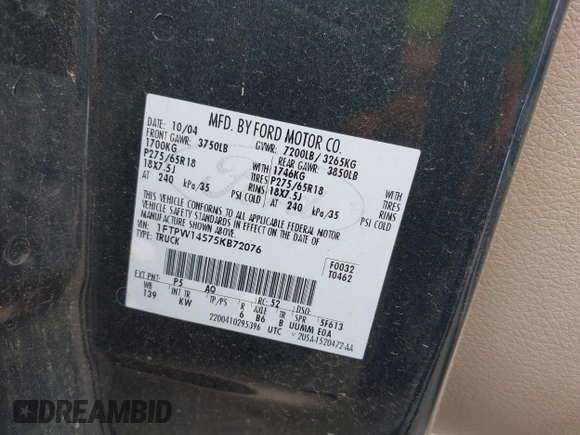 2005 Ford F-150 XLT с VIN 1FTPW14575KB72076, выставлен на аукционе IAAI как лот 42422135 с пробегом 255 459 миль миль и . История ставок и продаж доступна на DreamBid. Изображение 9.