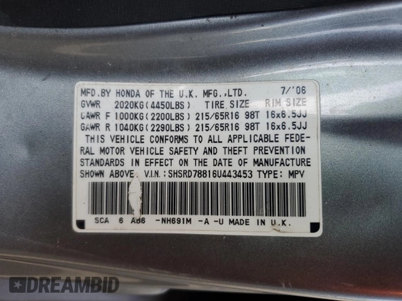 2006 Honda CR-V EX with VIN SHSRD78816U443453, listed as a Copart auction lot 53870575 with 156,652 mi miles and Salvage Title. Bid and sale history available at carsss.com. Image 13.
