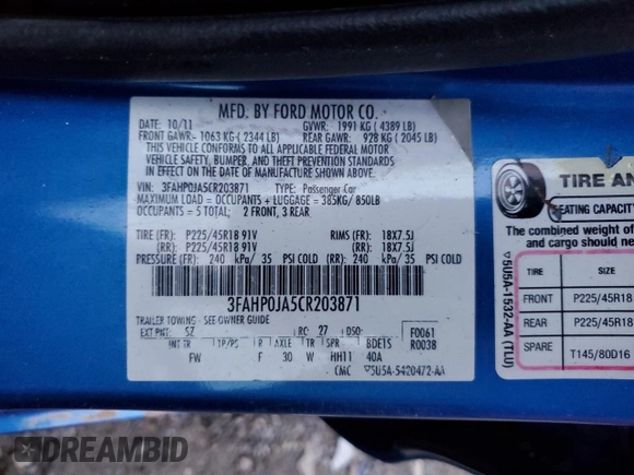 2012 Ford Fusion SEL with VIN 3FAHP0JA5CR203871, listed as a Copart auction lot 51233315 with 217,998 mi miles and Salvage Title. Bid and sale history available at carsss.com. Image 14.