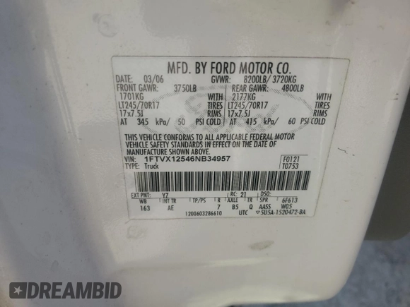 2006 Ford F-150 XL with VIN 1FTVX12546NB34957, listed as a Copart auction lot 76332404 with 238,778 mi miles and Clean title. Bid and sale history available at DreamBid. Image 12.