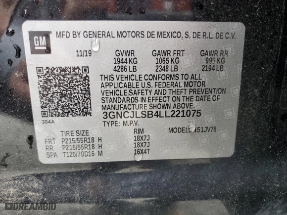 2020 Chevrolet Trax LT with VIN 3GNCJLSB4LL221075, listed as a Copart auction lot 47537535 with 95,036 mi miles and Salvage Title. Bid and sale history available at carsss.com. Image 12.