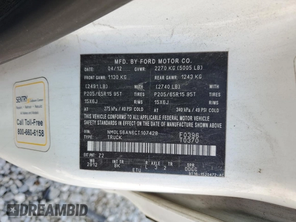2012 Ford Transit Connect XL с VIN NM0LS6AN6CT107428, выставлен на аукционе Copart как лот 54223015 с пробегом 90 615 миль миль и Чистый • Clean title. История ставок и продаж доступна на DreamBid. Изображение 13.