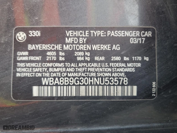 2017 BMW 3 Series 330i with VIN WBA8B9G30HNU53578, listed as a Copart auction lot 42297935 with 123,370 mi miles and Salvage Title. Bid and sale history available at carsss.com. Image 14.