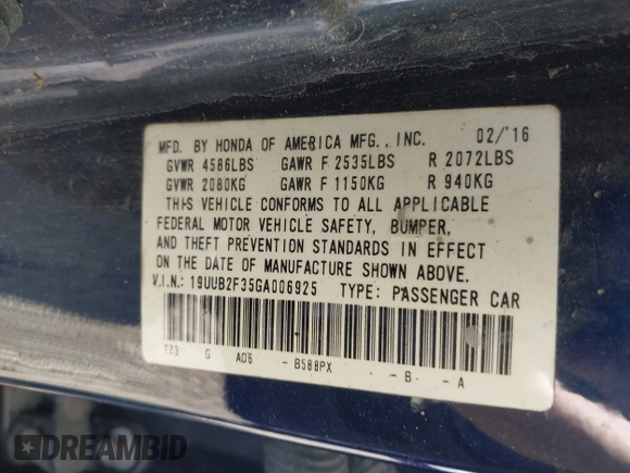 2016 Acura TLX V6 with VIN 19UUB2F35GA006925, listed as a IAAI auction lot 41810848 with 41,604 mi miles. Bid and sale history available at carsss.com. Image 9.
