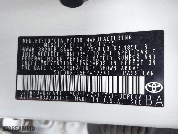 2016 Toyota Corolla L with VIN 5YFBURHE5GP412741, listed as a IAAI auction lot 41410037 with 71,410 mi miles. Bid and sale history available at carsss.com. Image 9.