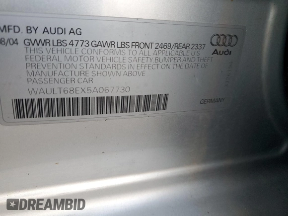2005 Audi A4 3.0L z VIN WAULT68EX5A067730, wystawiony jako Copart lot #84217394 z przebiegiem 137 270 mil mil oraz Szkoda całkowita • Salvage title. Historia ofert i sprzedaży dostępna na DreamBid. Obrazek 14.