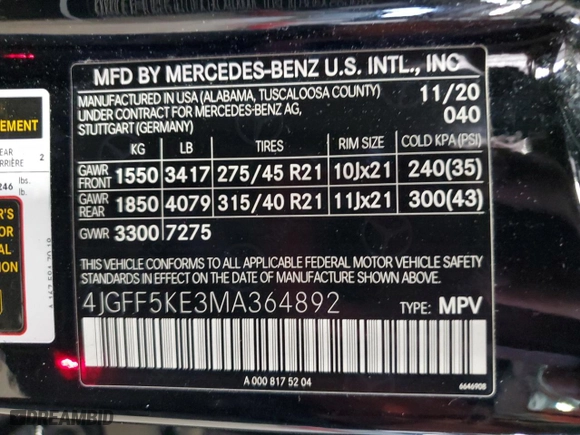 2021 Mercedes-Benz GLS with VIN 4JGFF5KE3MA364892, listed as a Copart auction lot 49954625 with 130,192 mi miles and Clean Title. Bid and sale history available at carsss.com. Image 13.