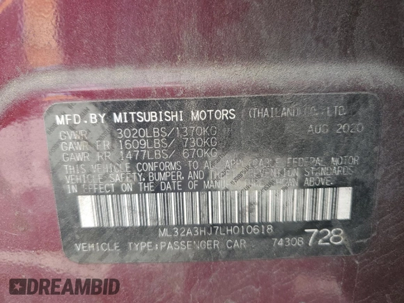 2020 Mitsubishi Mirage ES with VIN ML32A3HJ7LH010618, listed as a Copart auction lot 56702695 with 118,976 mi miles and Salvage title. Bid and sale history available at DreamBid. Image 13.