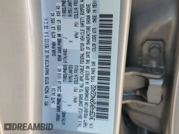 2024 Mazda 3 S Select Sport with VIN 3MZBPABM2RM422482, listed as a Copart auction lot 46460835 with Not Provided miles and Salvage Title. Bid and sale history available at DreamBid. Image 12.