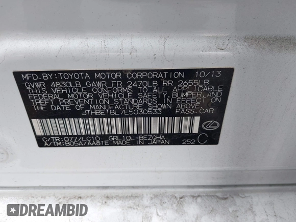 2014 Lexus GS 350 with VIN JTHBE1BL7E5030533, listed as a IAAI auction lot 42034624 with 189,027 mi miles. Bid and sale history available at carsss.com. Image 9.