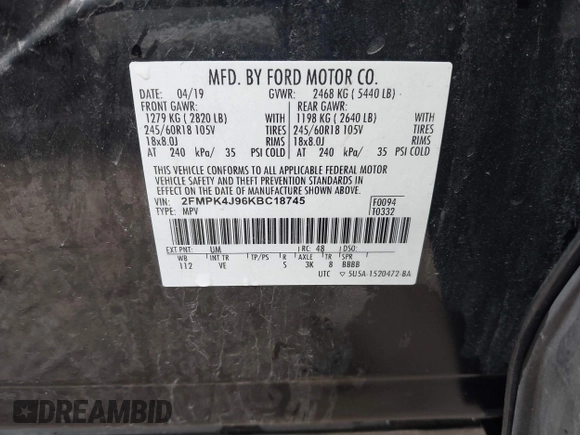 2019 Ford Edge SEL z VIN 2FMPK4J96KBC18745, wystawiony jako IAAI lot #42488750 z przebiegiem 63 473 mil mil oraz . Historia ofert i sprzedaży dostępna na DreamBid. Obrazek 9.