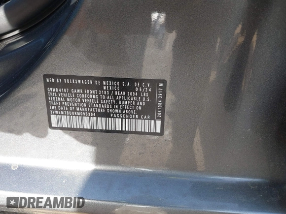 2024 Volkswagen Jetta S with VIN 3VW5M7BU0RM095394, listed as a IAAI auction lot 41819825 with 3,049 mi miles and . Bid and sale history available at DreamBid. Image 9.