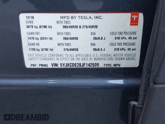 2018 Tesla Model X 75D with VIN 5YJXCDE28JF142509, listed as a IAAI auction lot 41993444 with 100,244 mi miles and . Bid and sale history available at carsss.com. Image 9.