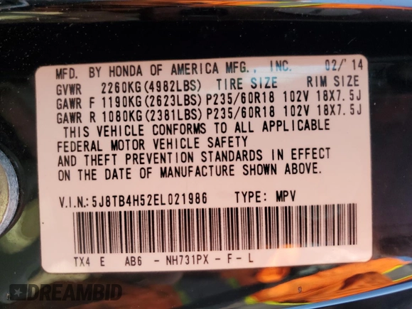 2014 Acura RDX Technology with VIN 5J8TB4H52EL021986, listed as a Copart auction lot 62752095 with 195,041 mi miles and Salvage title. Bid and sale history available at DreamBid. Image 13.