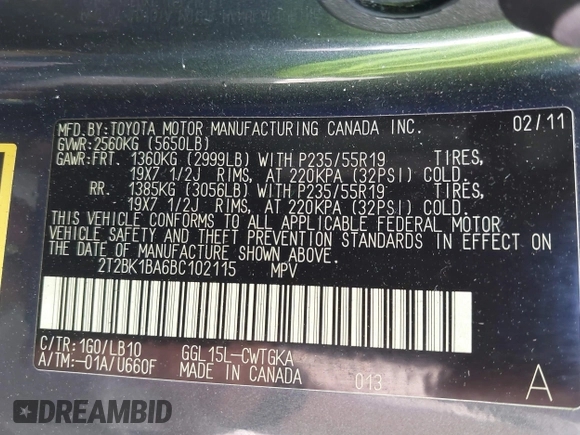 2011 Lexus RX 350 with VIN 2T2BK1BA6BC102115, listed as a IAAI auction lot 41960998 with Not Provided miles and . Bid and sale history available at DreamBid. Image 9.
