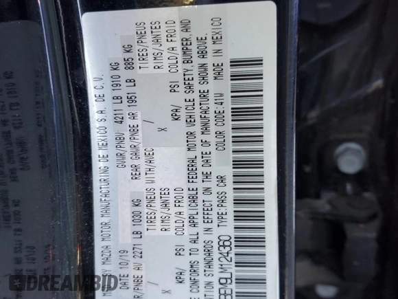 2020 Mazda 3 Premium with VIN 3MZBPBEM9LM124360, listed as a Copart auction lot 69338234 with 15,912 mi miles and Salvage Title. Bid and sale history available at DreamBid. Image 14.