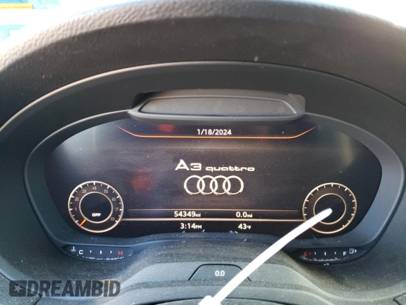 2018 Audi A3 Sedan Premium with VIN WAUB8GFF0J1079250, listed as a Copart auction lot 38889854 with 54,349 mi miles. Bid and sale history available at carsss.com. Image 9.