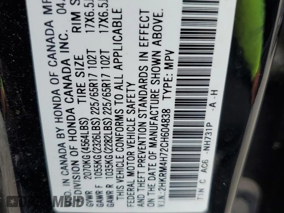 2012 Honda CR-V EX-L with VIN 2HKRM4H72CH604838, listed as a Copart auction lot 61155975 with 142,279 mi miles and Clean title. Bid and sale history available at DreamBid. Image 13.
