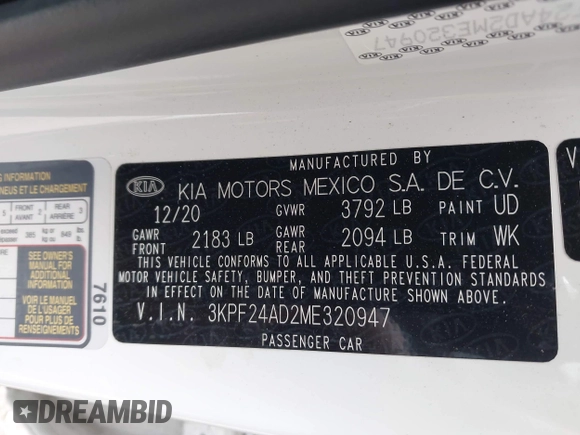 2021 Kia Forte LXS with VIN 3KPF24AD2ME320947, listed as a IAAI auction lot 42128739 with 94,229 mi miles and . Bid and sale history available at DreamBid. Image 9.