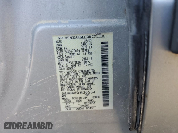 2005 Nissan Xterra S with VIN 5N1AN08W35C606554, listed as a Copart auction lot 47247745 with 181,480 mi miles and Salvage Title. Bid and sale history available at DreamBid. Image 13.