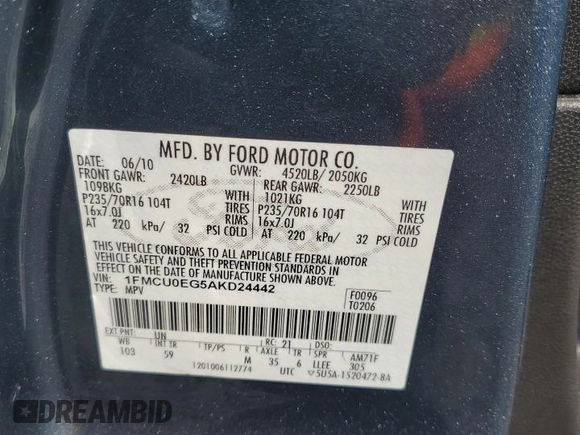 2010 Ford Escape Limited with VIN 1FMCU0EG5AKD24442, listed as a Copart auction lot 59875095 with 157,794 mi miles and Salvage title. Bid and sale history available at DreamBid. Image 13.
