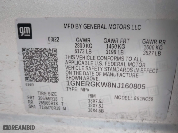 2022 Chevrolet Traverse LT Cloth with VIN 1GNERGKW8NJ160805, listed as a IAAI auction lot 42014573 with 77,809 mi miles. Bid and sale history available at carsss.com. Image 9.