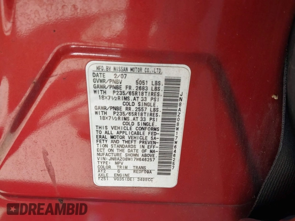 2007 Nissan Murano SL with VIN JN8AZ08W17W646257, listed as a IAAI auction lot 41935488 with 202,225 mi miles and . Bid and sale history available at DreamBid. Image 9.