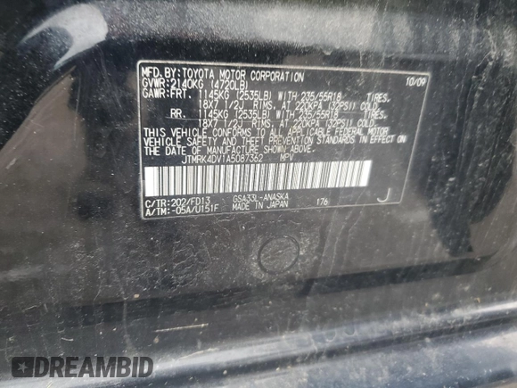 2010 Toyota RAV4 Sport with VIN JTMRK4DV1A5087362, listed as a Copart auction lot 58727595 with 245,480 mi miles and Clean title. Bid and sale history available at DreamBid. Image 13.