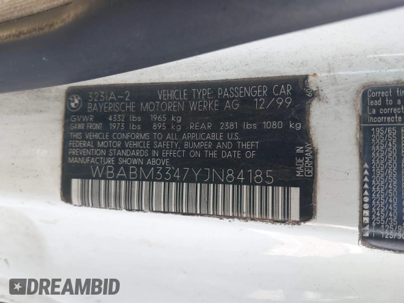 2000 BMW 3 Series 323Ci with VIN WBABM3347YJN84185, listed as a IAAI auction lot 41503159 with 164,152 mi miles and . Bid and sale history available at DreamBid. Image 9.