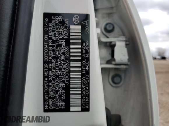 2016 Toyota Prius One with VIN JTDKDTB33G1122331, listed as a Copart auction lot 53670105 with 61,211 mi miles and Clean Title. Bid and sale history available at carsss.com. Image 12.