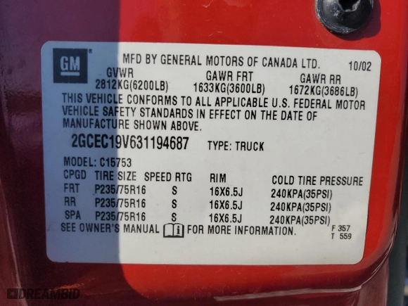 2003 Chevrolet Silverado 1500 LS with VIN 2GCEC19V631194687, listed as a Copart auction lot 49391655 with 180,162 mi miles and Salvage Title. Bid and sale history available at carsss.com. Image 12.