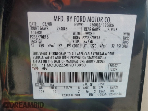 2008 Ford Escape XLS z VIN 1FMCU02Z58KD73950, wystawiony jako Copart lot #46569725 z przebiegiem 133 171 mil mil oraz Czysty tytuł • Clean title. Historia ofert i sprzedaży dostępna na DreamBid. Obrazek 13.