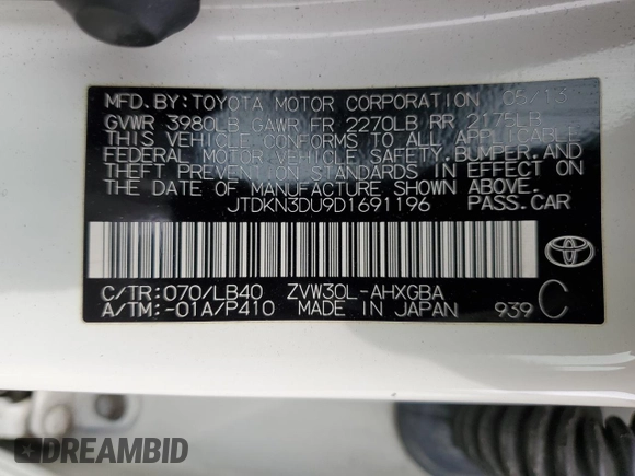 2013 Toyota Prius One with VIN JTDKN3DU9D1691196, listed as a Copart auction lot 52464655 with 195,396 mi miles and Salvage Title. Bid and sale history available at DreamBid. Image 12.