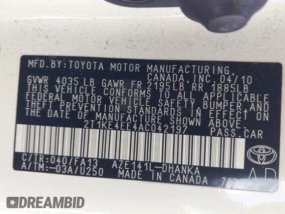 2010 Toyota Matrix S z VIN 2T1KE4EE4AC042197, wystawiony jako IAAI lot #42817785 z przebiegiem 287 196 mil mil oraz . Historia ofert i sprzedaży dostępna na DreamBid. Obrazek 9.
