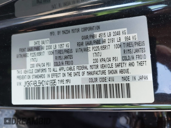 2017 Mazda CX-5 Sport with VIN JM3KFABL5H0141895, listed as a IAAI auction lot 41718108 with 69,312 mi miles. Bid and sale history available at carsss.com. Image 9.