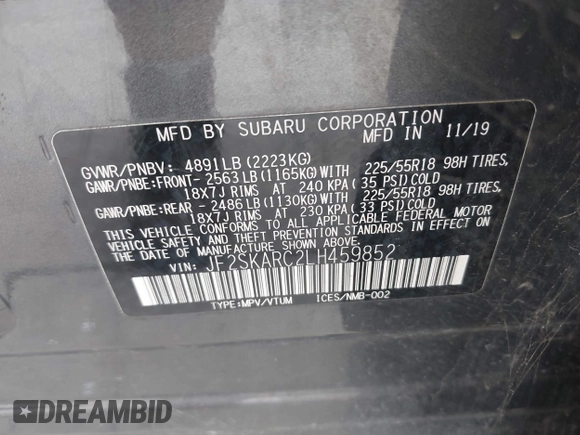 2020 Subaru Forester Special Sports with VIN JF2SKARC2LH459852, listed as a IAAI auction lot 42452374 with 85,724 mi miles and . Bid and sale history available at DreamBid. Image 9.