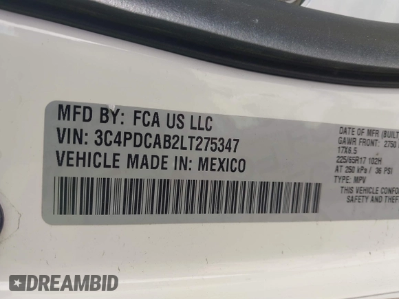2020 Dodge Journey SE Value with VIN 3C4PDCAB2LT275347, listed as a IAAI auction lot 41745903 with 37,623 mi miles and . Bid and sale history available at DreamBid. Image 9.