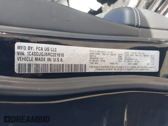 2024 Dodge Durango SRT 392 Premium with VIN 1C4SDJGJ6RC221616, listed as a IAAI auction lot 41280570 with 2,169 mi miles and . Bid and sale history available at DreamBid. Image 9.