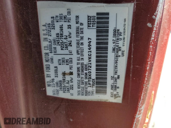 1997 Ford F-150 XL with VIN 1FTDX0721VKC14947, listed as a Copart auction lot 74887414 with 157,811 mi miles and Salvage title. Bid and sale history available at DreamBid. Image 14.