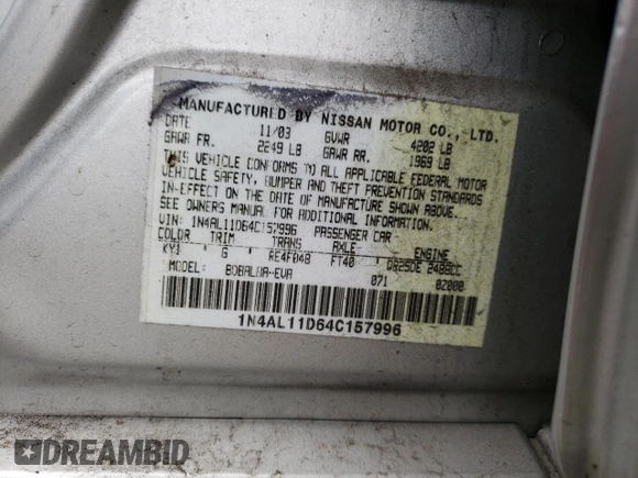 2004 Nissan Altima S with VIN 1N4AL11D64C157996, listed as a Copart auction lot 46708165 with 191,958 mi miles and Salvage Title. Bid and sale history available at carsss.com. Image 12.
