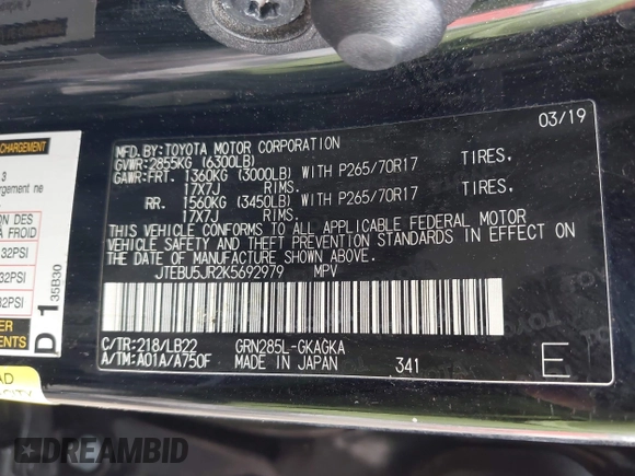 2019 Toyota 4Runner SR5 with VIN JTEBU5JR2K5692979, listed as a IAAI auction lot 42013798 with 219,437 mi miles and . Bid and sale history available at DreamBid. Image 9.
