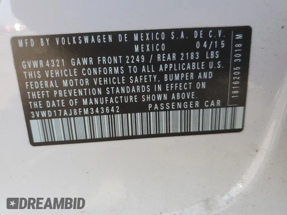2015 Volkswagen Jetta SE with VIN 3VWD17AJ8FM343642, listed as a Copart auction lot 61975665 with 106,035 mi miles and Salvage title. Bid and sale history available at DreamBid. Image 12.