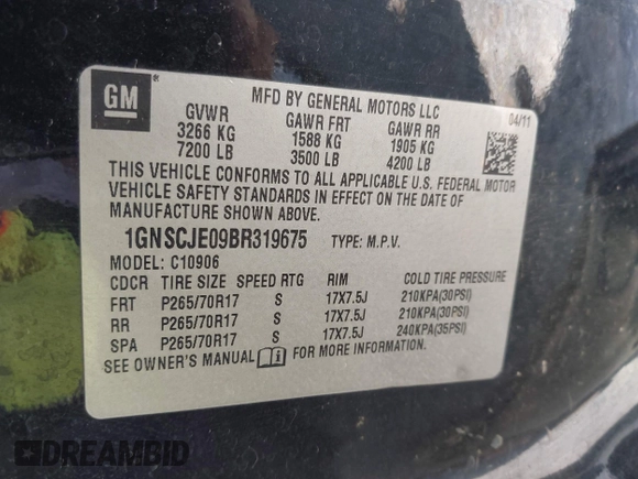 2011 Chevrolet Suburban LT with VIN 1GNSCJE09BR319675, listed as a IAAI auction lot 41966225 with 294,335 mi miles. Bid and sale history available at carsss.com. Image 9.
